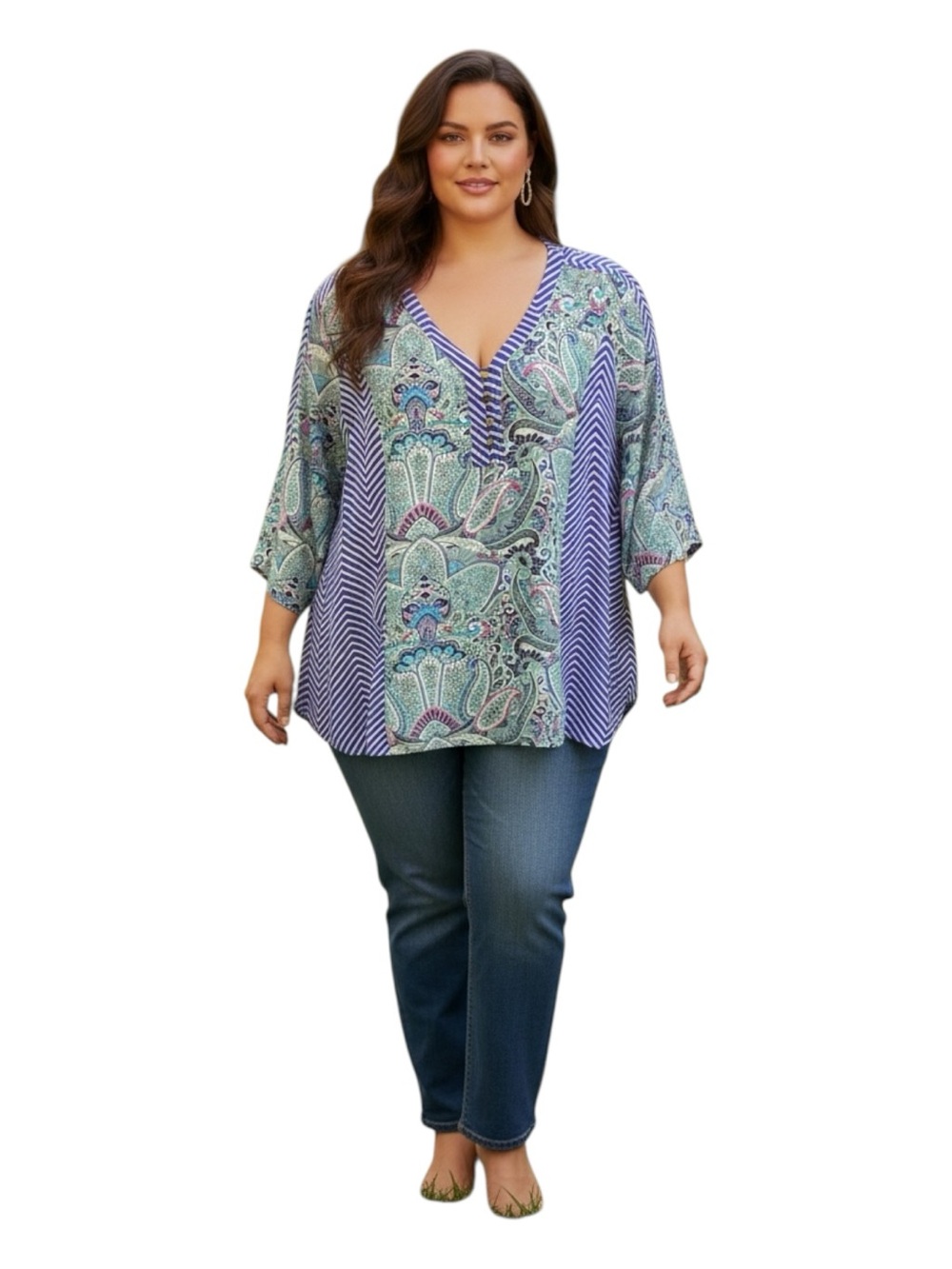 Notations Plus-Size 3X V-Neck Paisley & Stripe Tunic - Blue, Teal